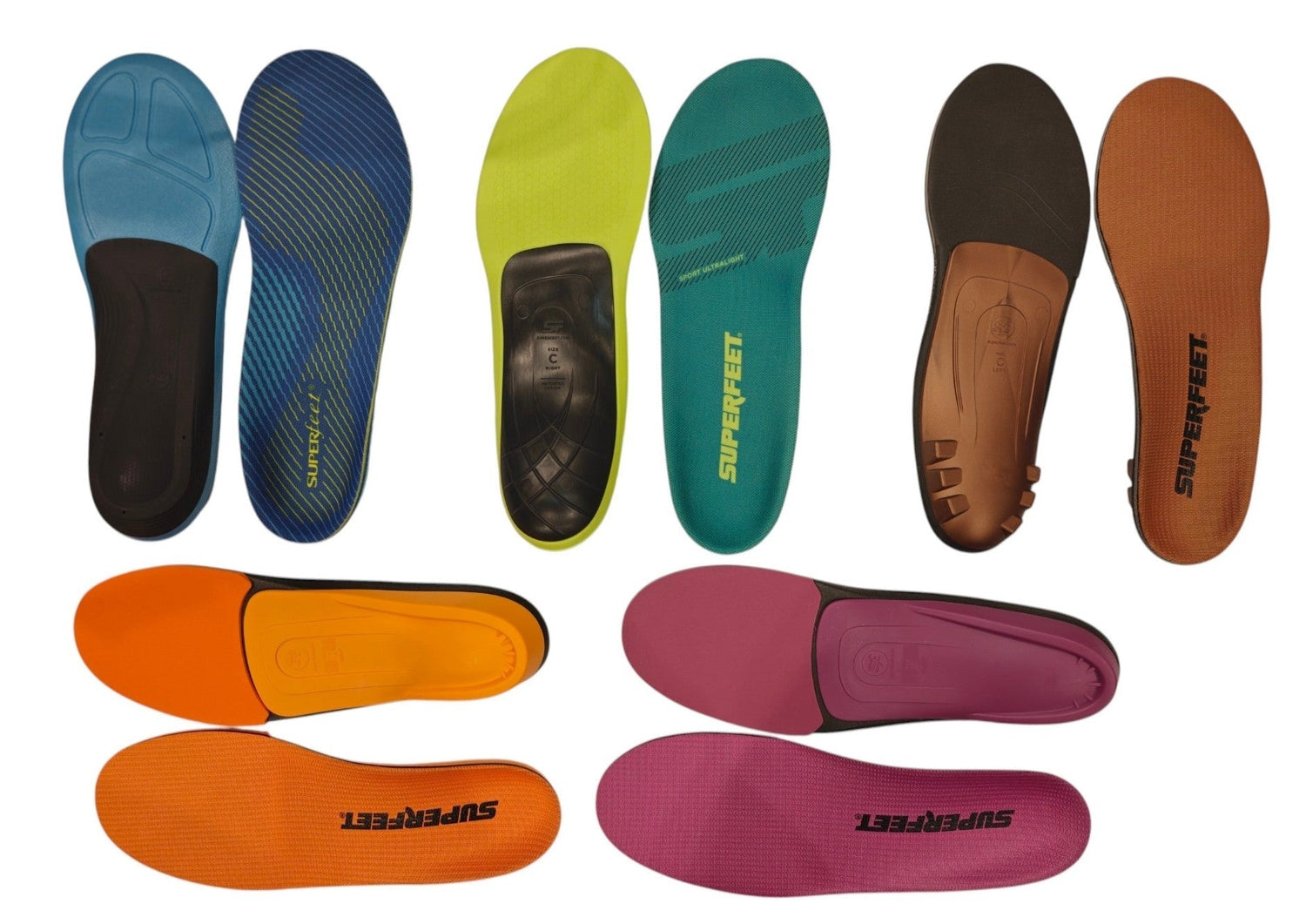 Superfeet Green, Orange, and Berry insole comparison at Yaletown Medical Supplies Vancouver