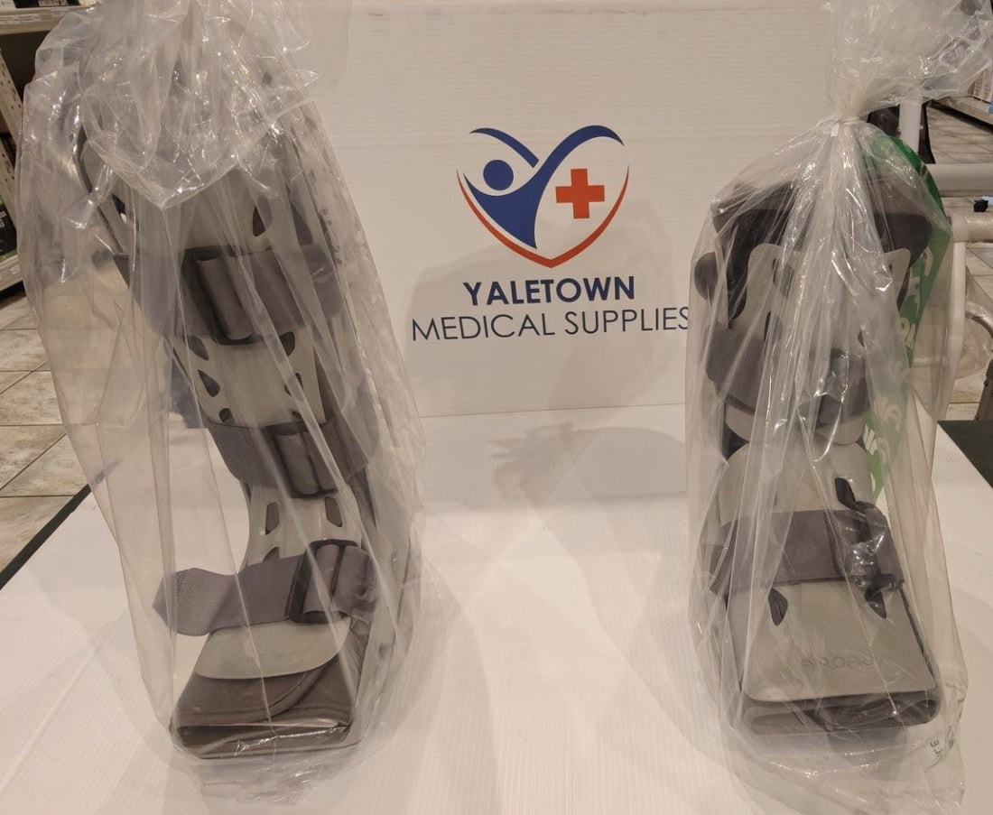 Aircast AirSelect Standard and Short walking boots side by side at Yaletown Medical Supplies Vancouver