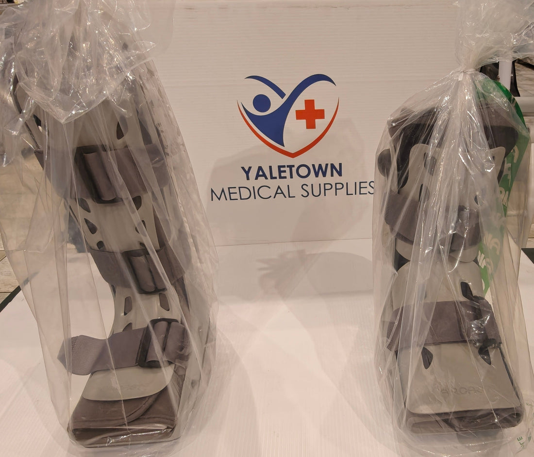 Aircast AirSelect Standard and Short walking boots side by side at Yaletown Medical Supplies Vancouver
