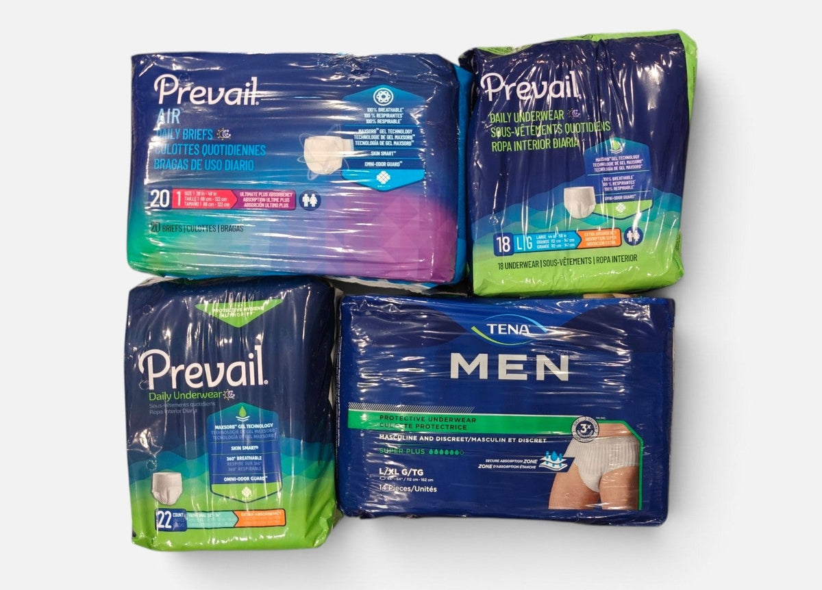 Adult incontinence products at Yaletown Medical Supplies Vancouver — diapers, pull-ups, pads, under-pads