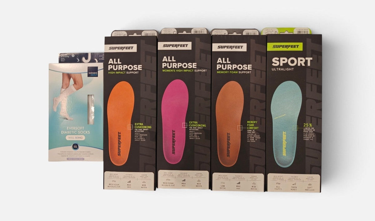 Diabetes foot care products at Yaletown Medical Supplies Vancouver — Sigvaris Eversoft, Superfeet, wound care