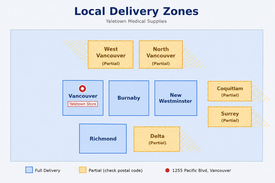 Local delivery map for medical equipment sales and rentals in Vancouver, Burnaby, Richmond, North Vancouver, New Westminster, West Vancouver — Yaletown Medical Supplies