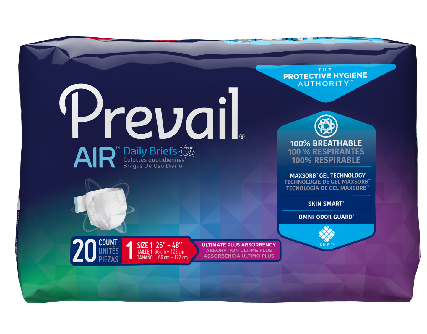 Prevail Air Plus Stretch Briefs – Size 1/Medium 26"-48" – Pack of 20