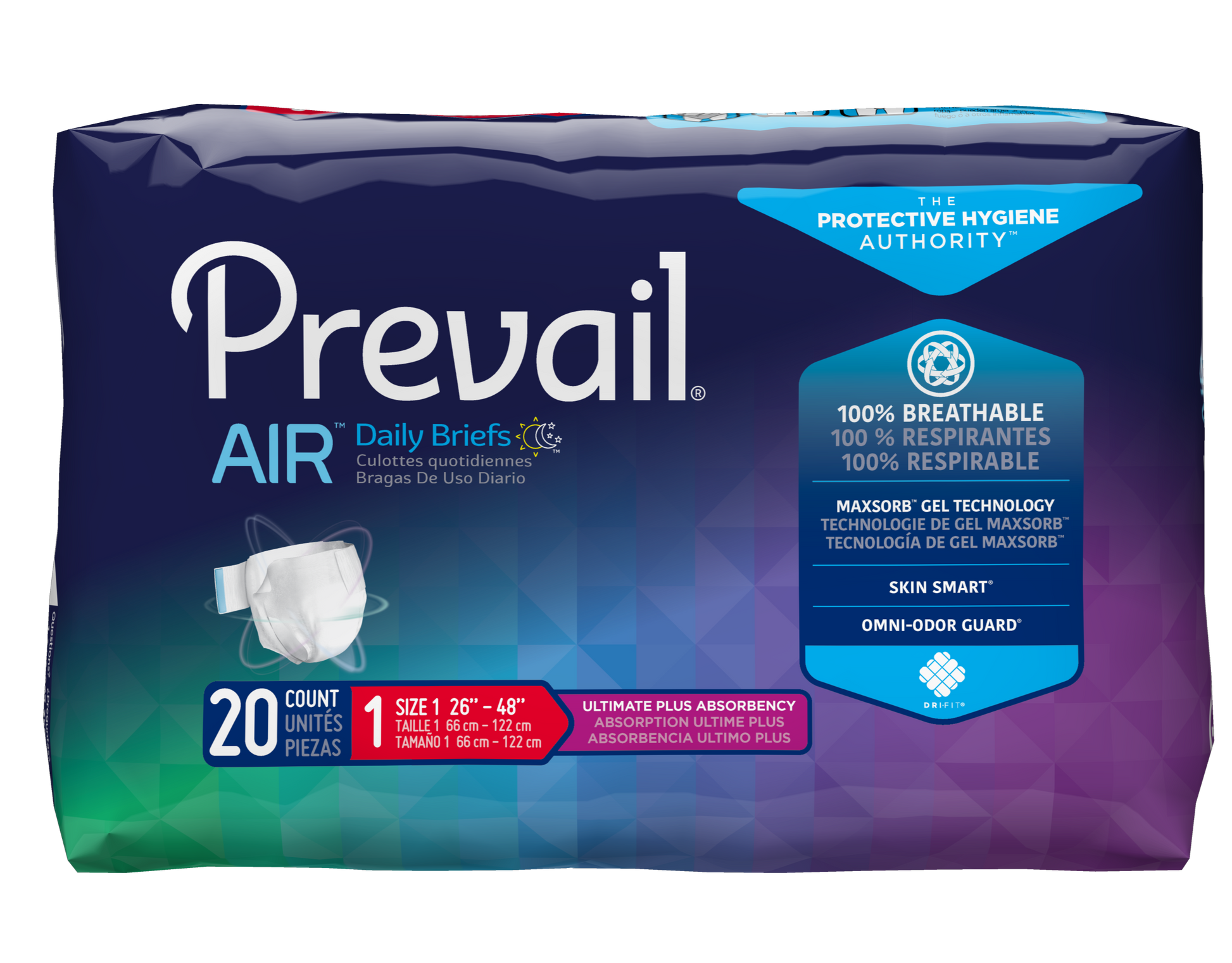 Prevail Air Plus Stretch Briefs – Size 1/Medium 26"-48" – Pack of 20