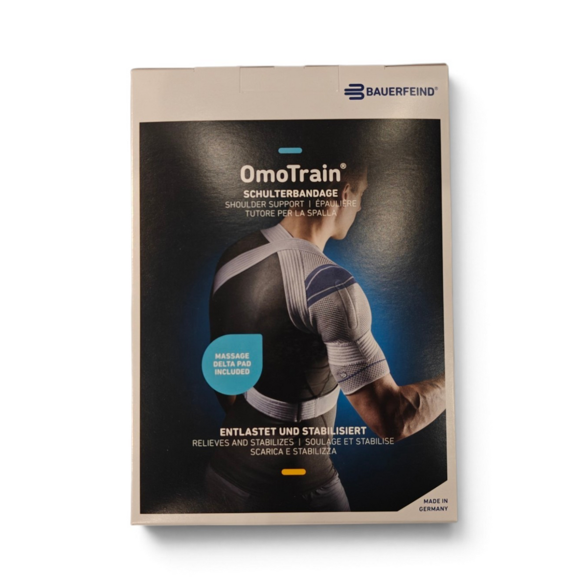 Bauerfeind OmoTrain active shoulder support brace with viscoelastic pad for pain relief and stabilization at Yaletown Medical Supplies Vancouver